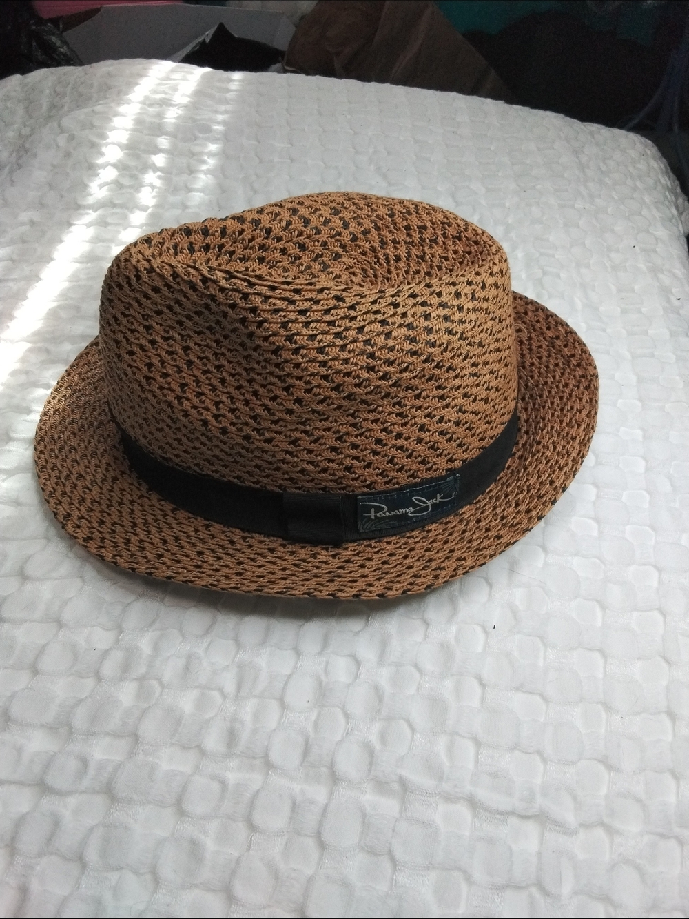 Panama Jack Brown Woven Straw Fedora with Black Band